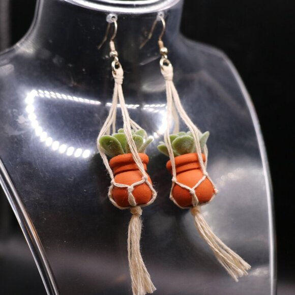 4 Inch Hanging Faux Macrame and Clay Pot with Succlent Earrings - Picture 1 of 2